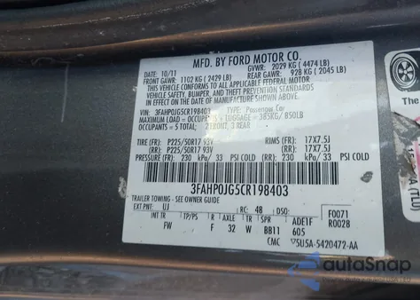 2012 Ford Fusion Sel из США, поврежденный, VIN 3FAHP0JG5CR198403